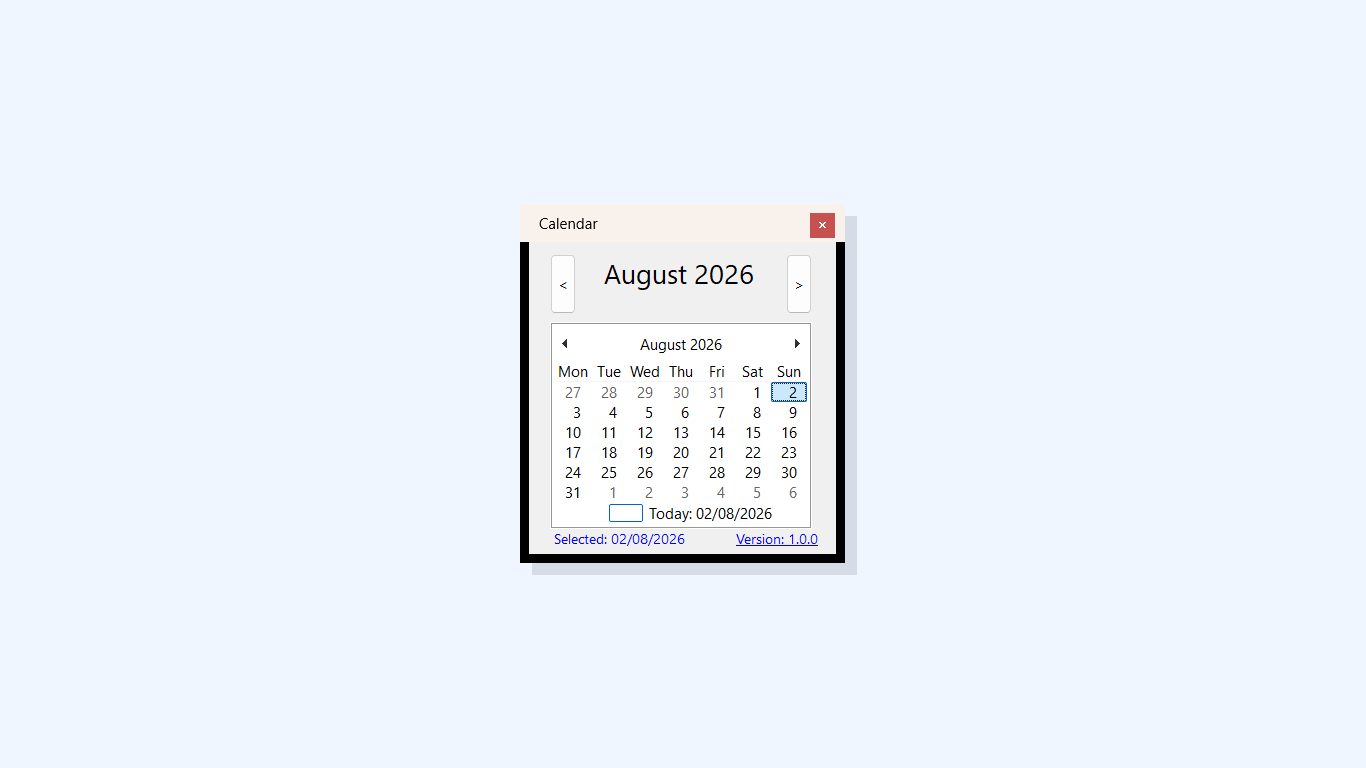 JB-Calendar showing the August 2026 monthly calendar